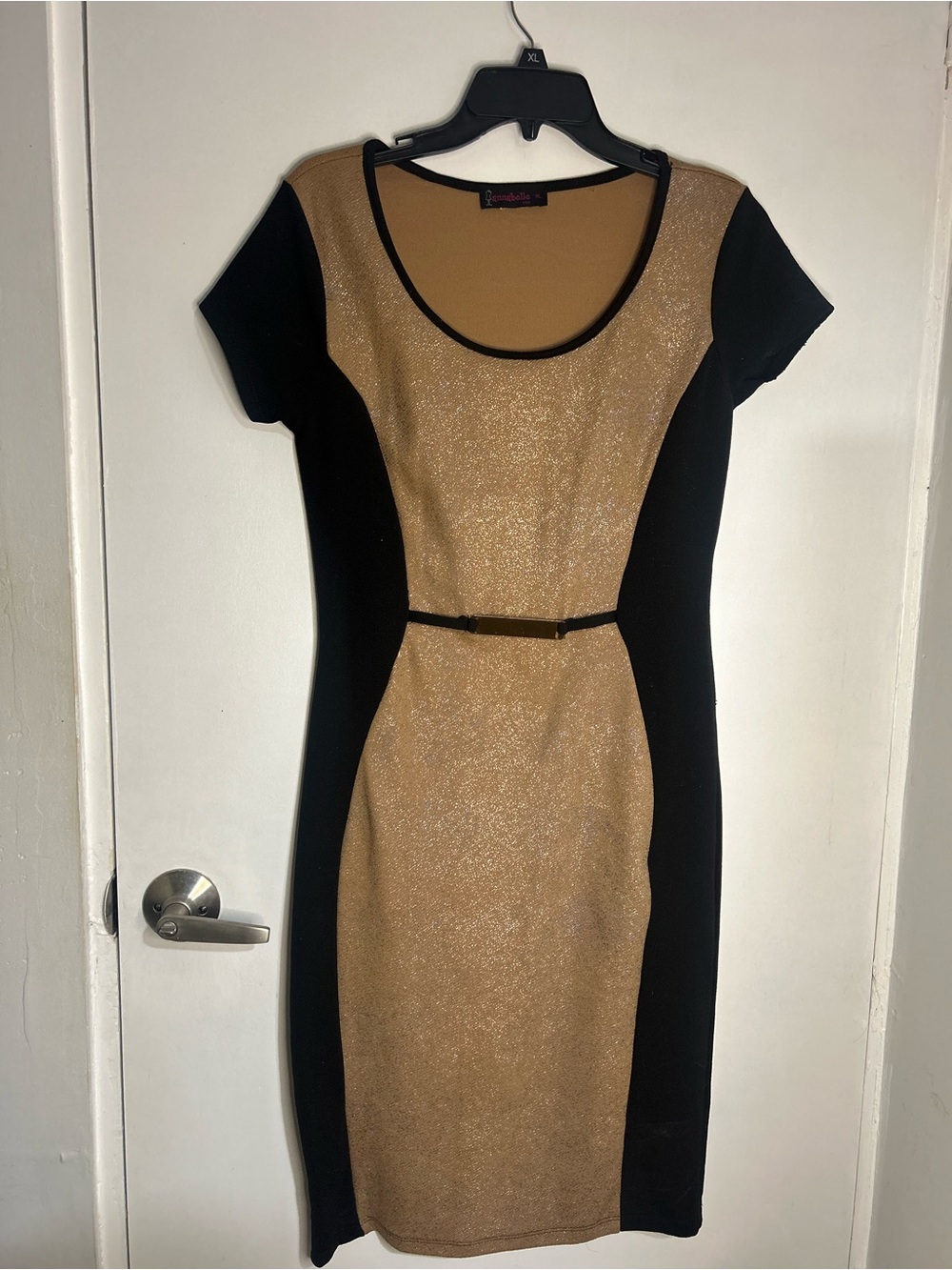 Annabelle Gold and Black Sheath Dress with Waist Belt